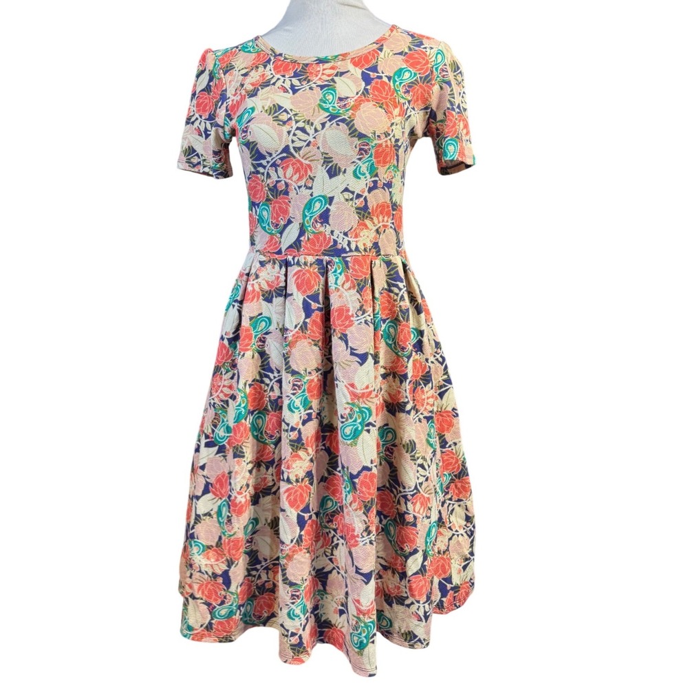 LuLaRoe Amelia Dress Womens Large Woven Floral Short Sleeve Pocket Boho Multi